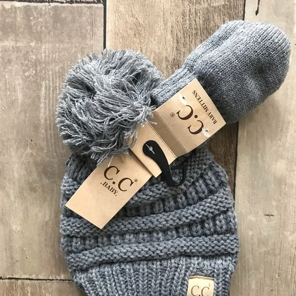 C.C. Brand Baby Pompom Beanie and Mitten Set - Picture 2 of 3